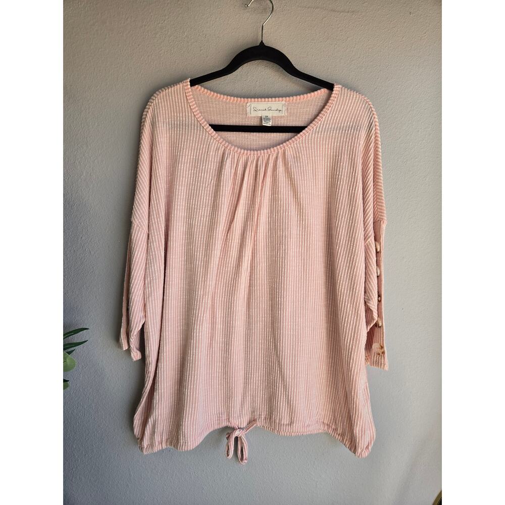 French Laundry Pink White Striped Waffle Knit Tie Front Tunic Top Size 2X